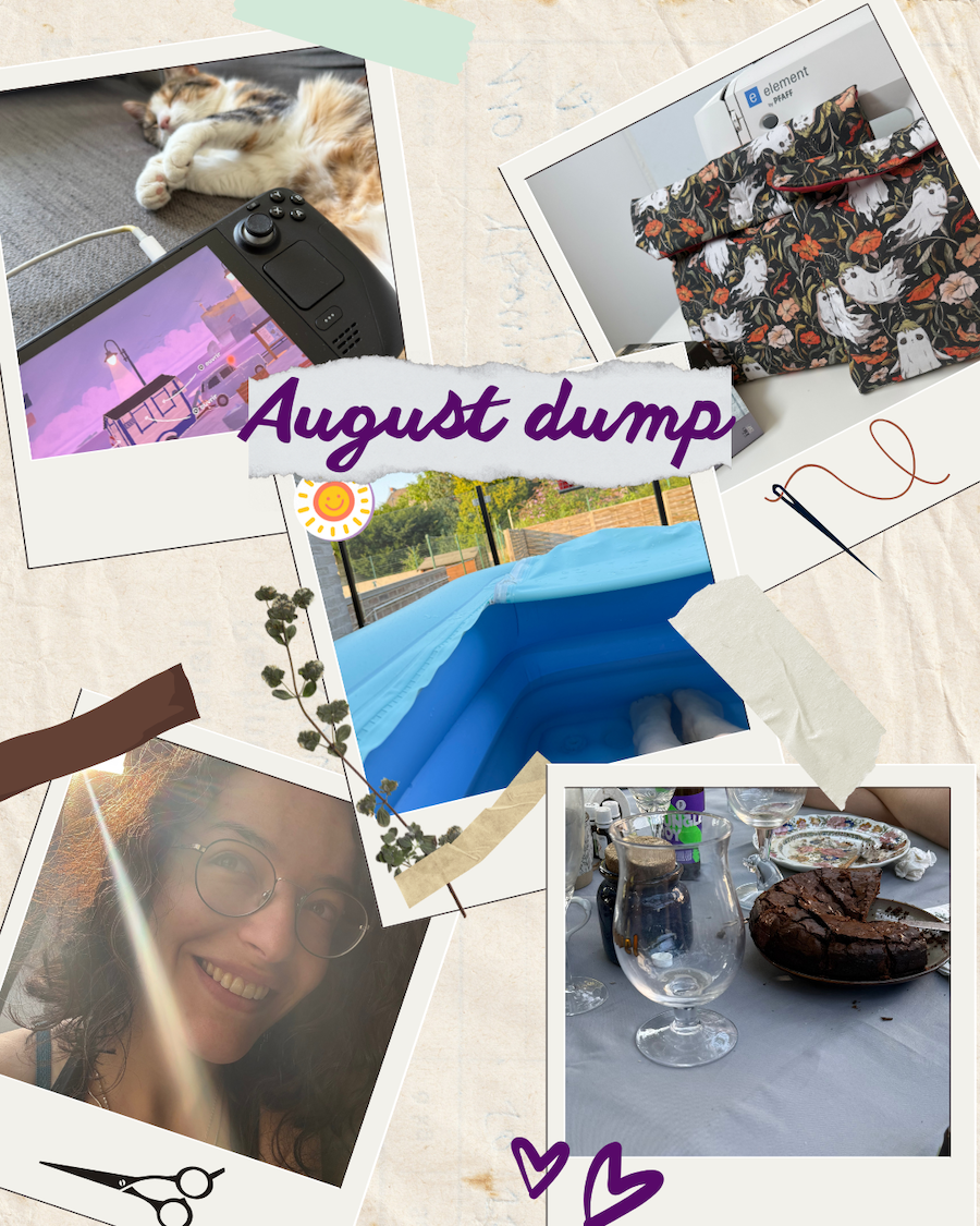 un steamdeck sur Tiny bookshop avec en fond un chat qui dort / des pochettes à livres avec des petits fantômes / des jambes dans l'eau sous le soleil / ma tête avec les cheveux coupés / un gâteau au chocolat sur une table de repas avec des amis