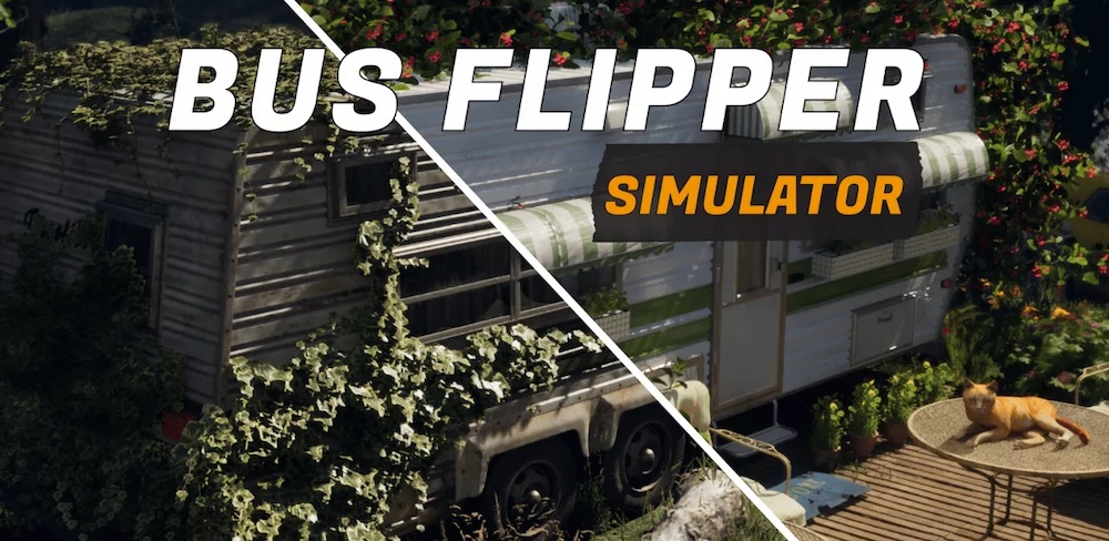 Image promotionnelle du jeu Bus Flipper Simulator montrant un avant/après rénovation
