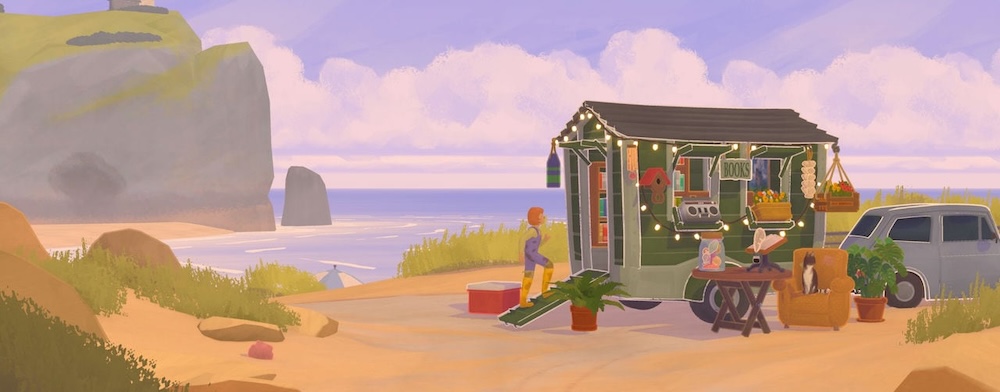 Image du jeu Tiny bookshop avec une roulotte-librairie sur une plage. Tons doux, pastels