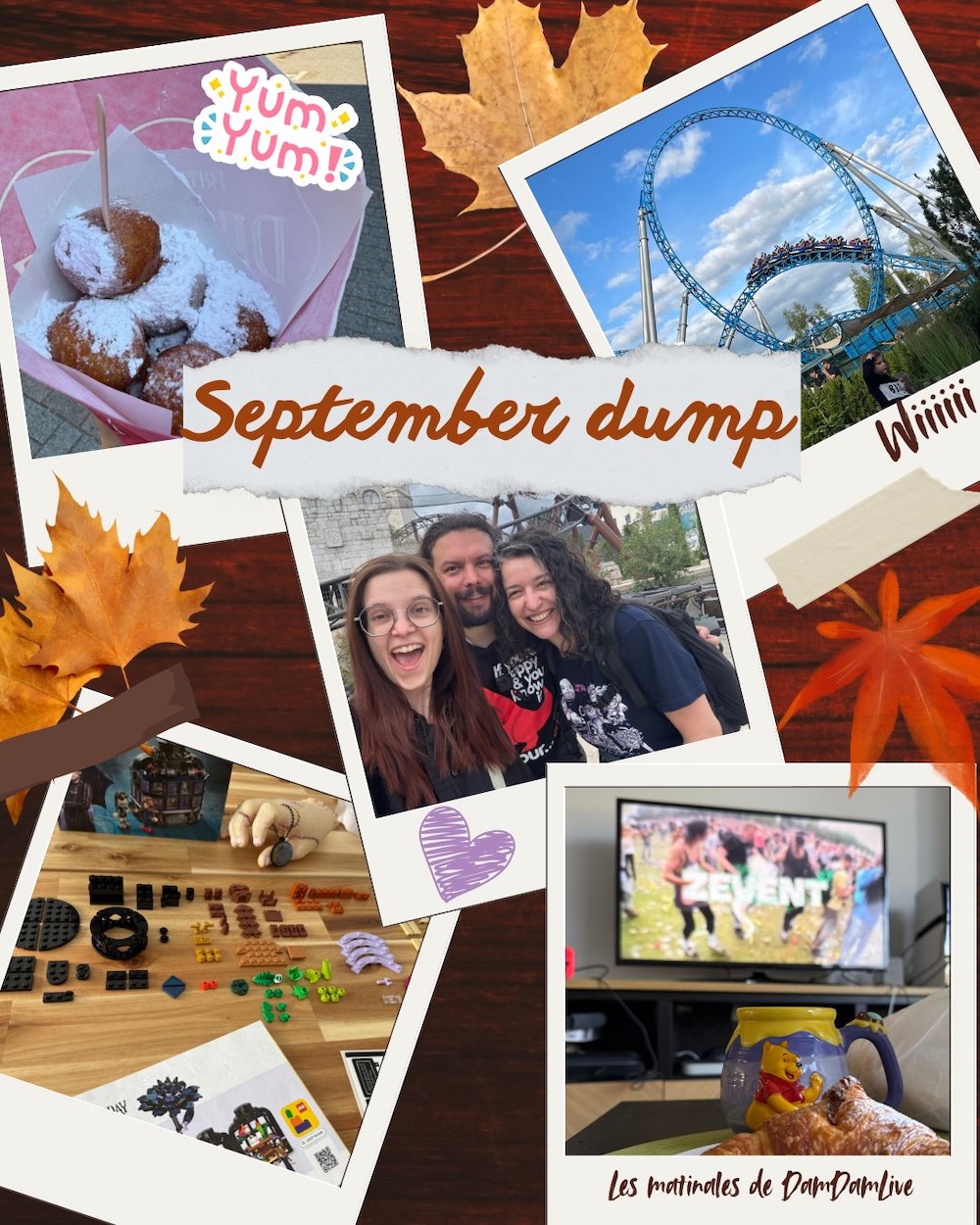  un sachet de croustillons, le Blue Fire d'Europapark, un selfie de moi, mon monsieur et une excellente amie à Europapark, des pièces de Lego Wednesday rangées par couleur, une tasse de café et un croissant devant la télé avec la matinale teuf de Damdamlive au Zevent