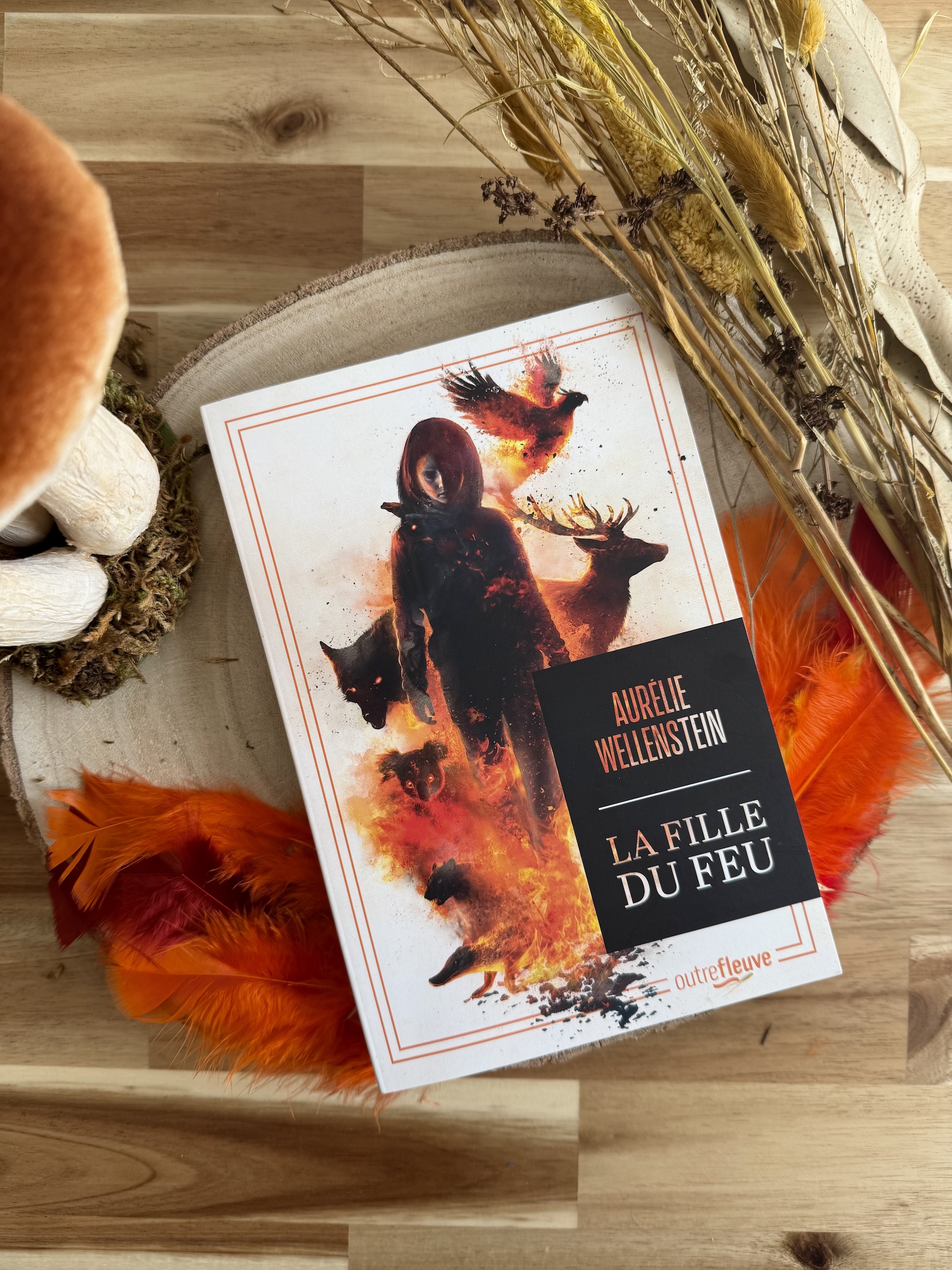 Livre posé sur une souche d'arbre sur des plumes formant comme des flammes et aux côtés de feuillages et herbes séchées. La couverture de La fille du feu montre une jeune fille marchant dans les flammes entourée d’animaux sauvages 